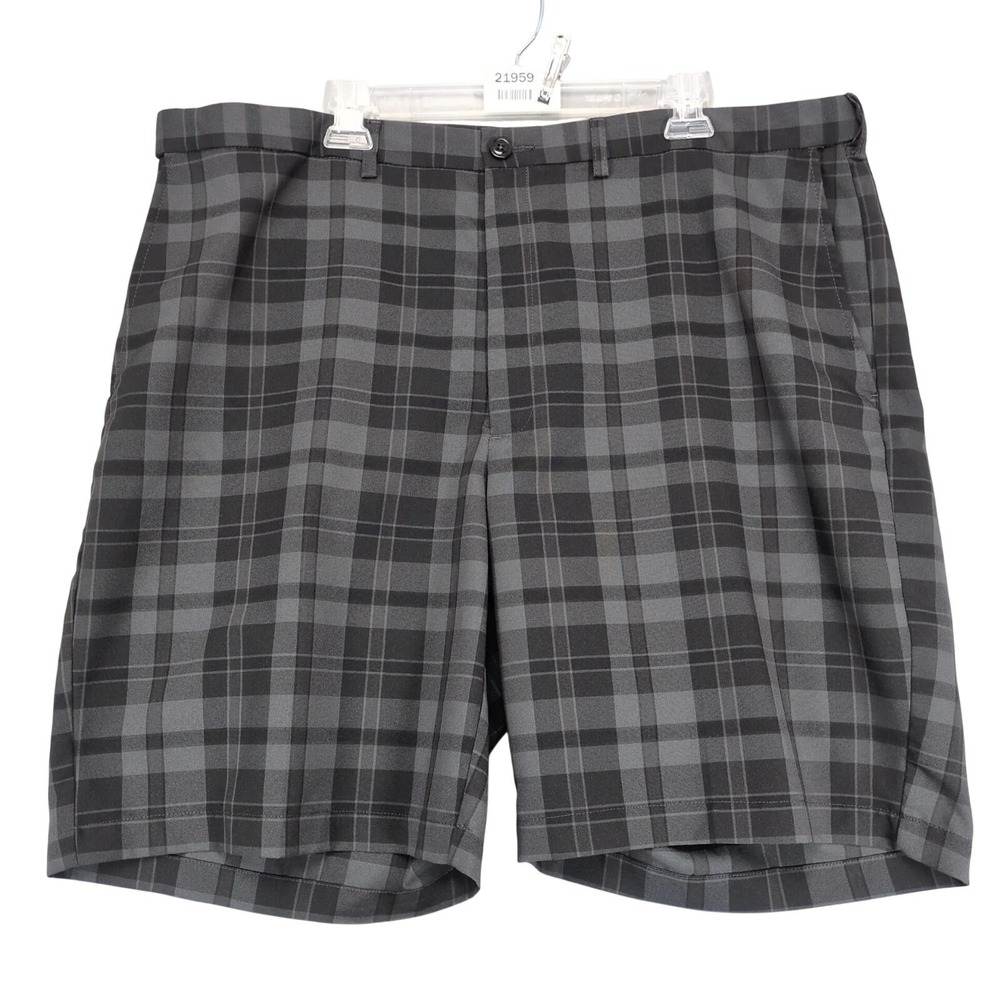 Haggar Black Gray Plaid Chino Shorts Mens 42x9" Performance Super Flex Waistband